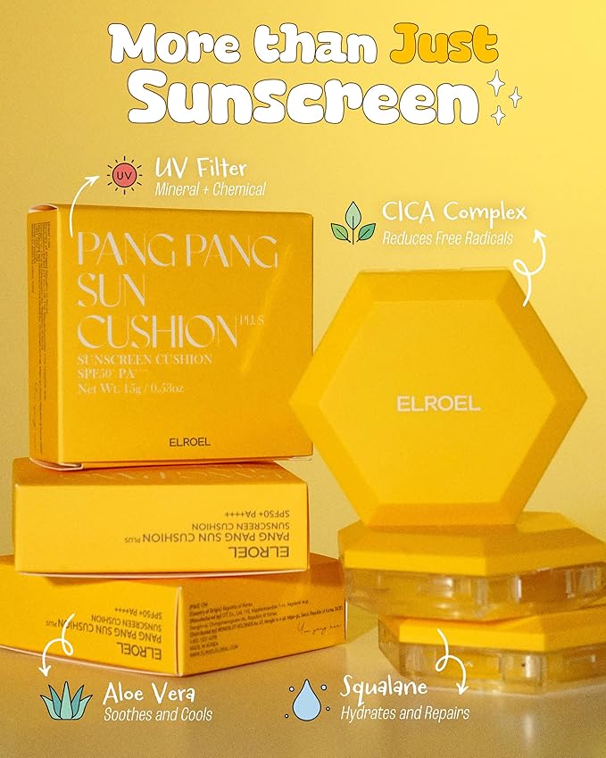 ELROEL Pang Pang Sun Cushion Plus Refill - Korean Hypoallergenic & Cooling Face Sunscreen with Puff Sponge - Broad Spectrum SPF50+ PA++++ (0.53 oz)