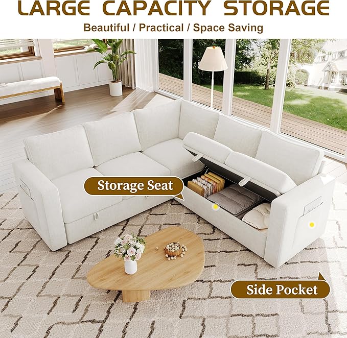 83.5" Sectional Sleeper Sofa with Pull Out Couch, Modern 5 Seat L Shaped Modular Couch, Sectionals Modular Sofa with Storage, Comfy Sectional Couches for Living Room & Apartment,Light Beige