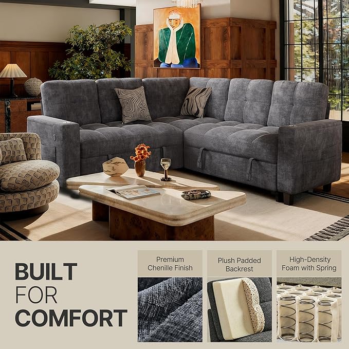 Marsail 84.6" Sectional Sleeper Sofa with Pull Out Bed, 5 Seat Modular Sectional Couch with Storage, USB & Cup Holders, Modern Chenille Cloud Sofa for Living Room, Light Gray