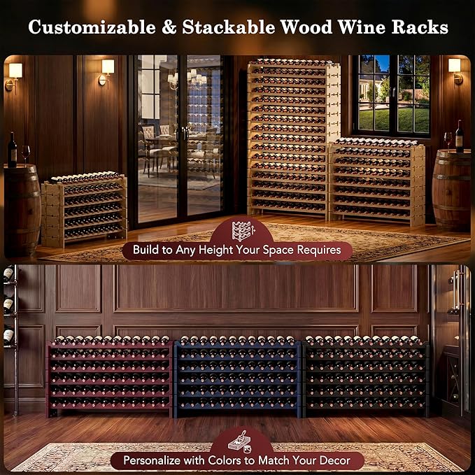 72 Bottles Stackable Modular Wine Rack, 6-Tier 72 Slots Floor Wine Storage Stand Wooden Wine Holder Display Shelves, Wobble-Free, Solid Wood, Floor Free Standing