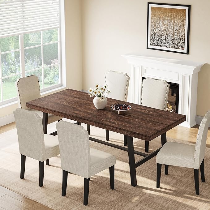 GarveeHome Industrial Dining Table for 6-8 People, 78.7" Long Kitchen Table with Sturdy Metal Frame, Rectangular Counter for Dinner, Kitchen, Dining Room (Rustic Birch, 79" Non-extendable)