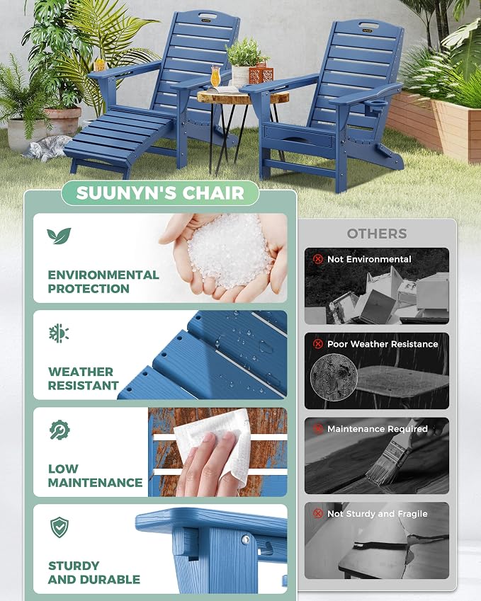 Adjustable Adirondack Chairs Set of 4 with Retractable Ottoman, HDPE Folding Adirondack Chair with Cup Holders, Weather Resistant for Backyard, Poolside & Fire Pit(Navy Blue)