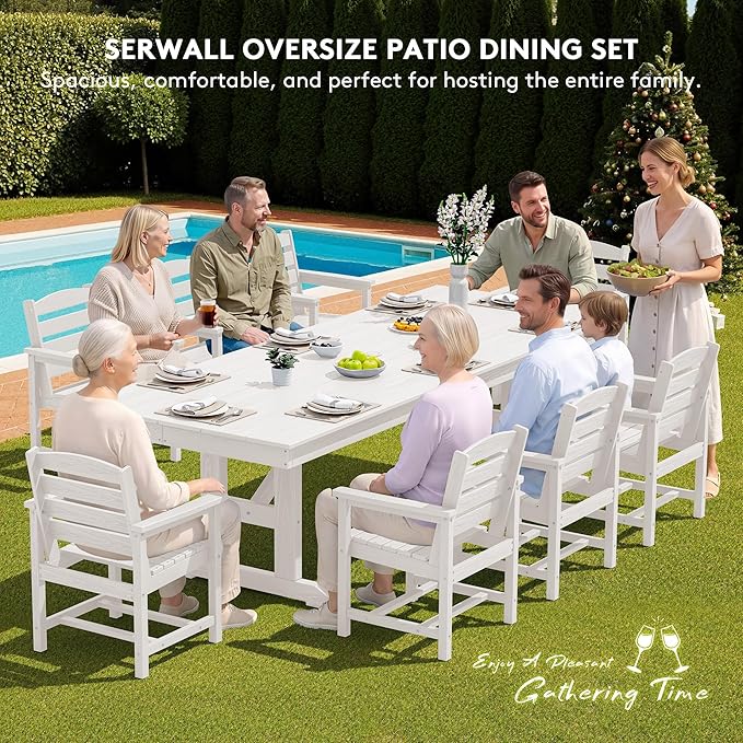 SERWALL 9 Piece Outdoor Dining Set, 84" HDPE Outdoor Table and Chairs for 8，All Weather Patio Furniture Set with Umbrella Hole for Backyard, Garden, White