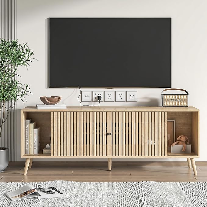 Oubayajia Mid Century Modern TV Stand for Televisions up to 70 Inches, with Sliding Doors and Storage, Television Stands, TV Consoles, Media Consoles for Living Room, 63 Inch (Natural)