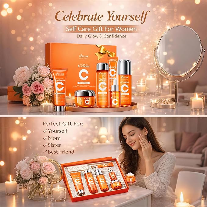 6-Piece Hydrating Skincare Set with Vitamin C & Niacinamide, Face Care Kit Includes Toner, Serum, Cleanser, Moisturizer, Eye Cream & Body Lotion | Valentine’s Day Gift for Women