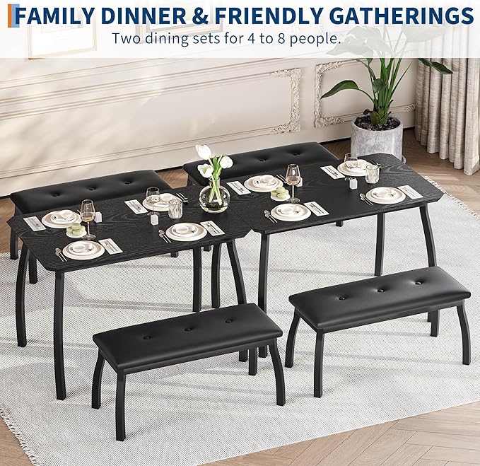 Dining Table for 4, 3-Piece Kitchen Table Set for 4 with Wooden Tabletop and Metal Frame, Industrial Kitchen Table with 2 PU Leather Benches for Bar, Dining Room, Restaurant(43''x28''x30''), Black