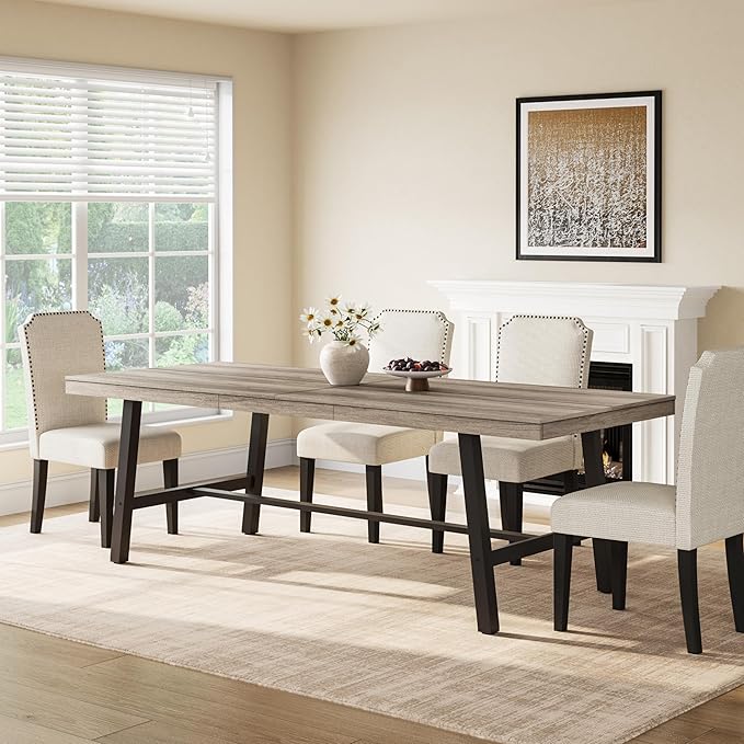 GarveeHome Industrial Dining Table for 8-10 People, 86.61" Long Kitchen Table with Sturdy Metal Frame, Rectangular Counter for Dinner, Kitchen, Dining Room (Grey Walnut, 87" Non-extendable)