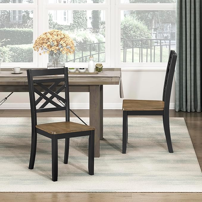 Lexicon Wooden Dining Chairs Set of 2 - Sturdy Solid Wood Frame, Cottage Cross Back, Modern Wood Armless Kitchen Chairs for Dining Room, Kitchen, Assembly Required, Two-Tone Finish (Brown and Black)