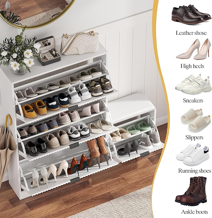 HUANLEGO Shoe Cabinet Storage for Entryway with 4 Flip Drawers, White Fluted Shoe Cabinet with Bench, Wooden Hidden Shoe Rack Freestanding Narrow Slim Shoes Storage Organizer for Hallway, Entrance