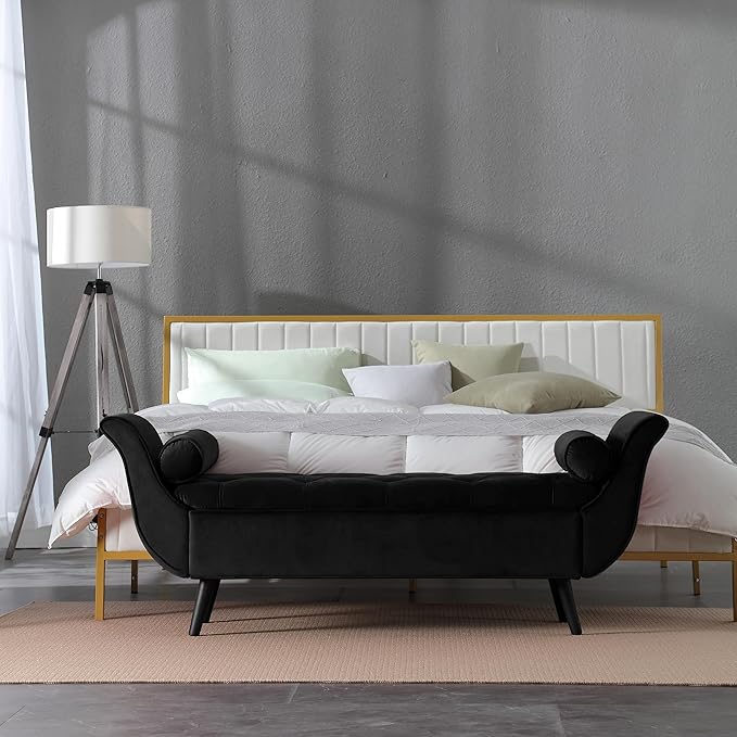 Storage Bench for Bedroom End of Bed, 65" Velvet Upholstered Rolled Armed Button Tufted Stool Bench, Storage Ottoman Long Bench with with 2 Pillows for Entryway (Black)
