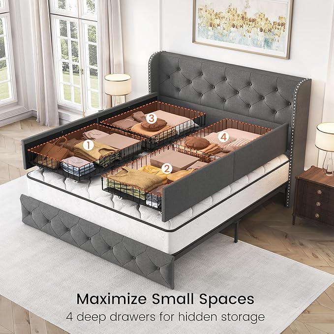 LARMACE Full Size Bed Frame with 4 Storage Drawers and 47.2" Tall Wingback Headboard Linen Upholstered Platform Bed Frame Tufted Beds with Wooden Slats Support, Easy Assembly, Light Grey