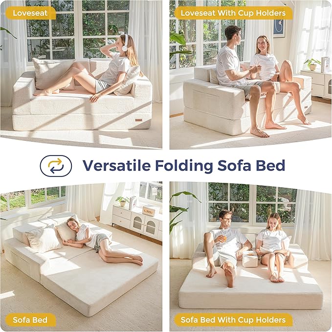 MAXYOYO Loveseat Sofa Bed, 64" Foldable Floor Sofa Couch in A Box with 2 Cup Holders, 4 in 1 Convertible Boneless Couch Folding Recliner Sleeper Chair for Living Room, No Assembly Required, Beige