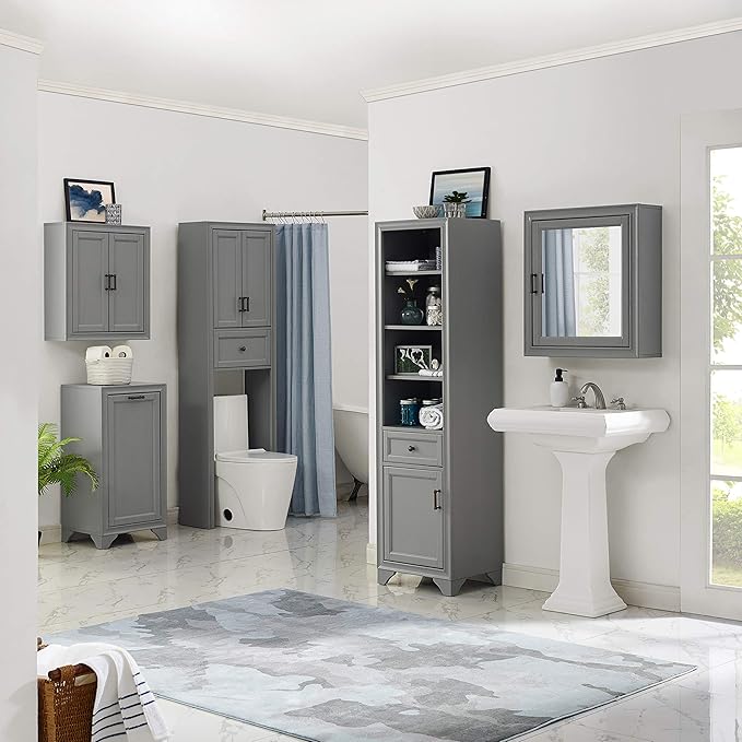 Crosley Furniture Tara Wall Mounted Bathroom Storage Medicine Cabinet with Shelves, Vintage Gray