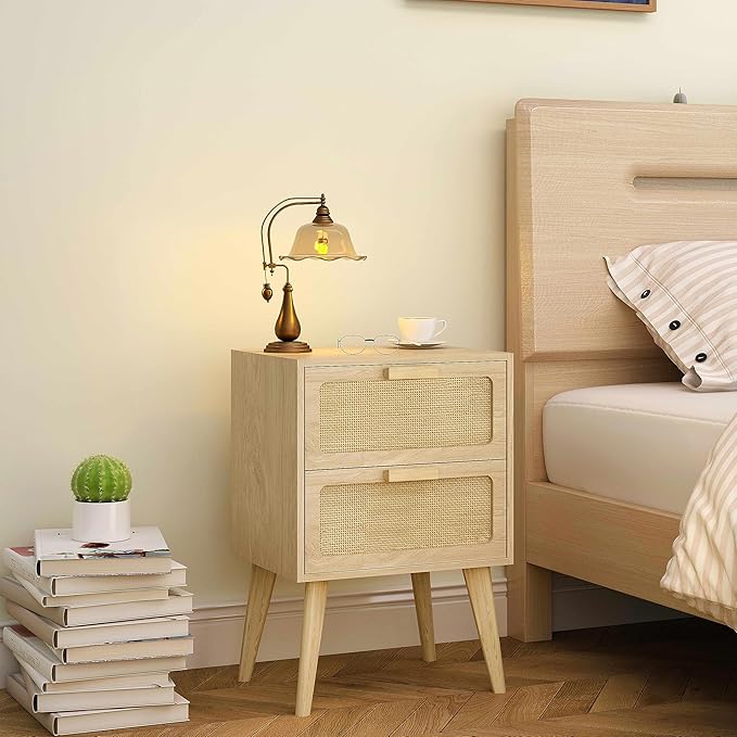 YAUKOMEL Rattan Nightstand, Wood End Table, Side Table with 2 Hand Made Rattan Decorated Drawers,Boho Bedside Table,Wood Accent Table with Storage for Livingroom, Bedroom, Natural CTG59Y