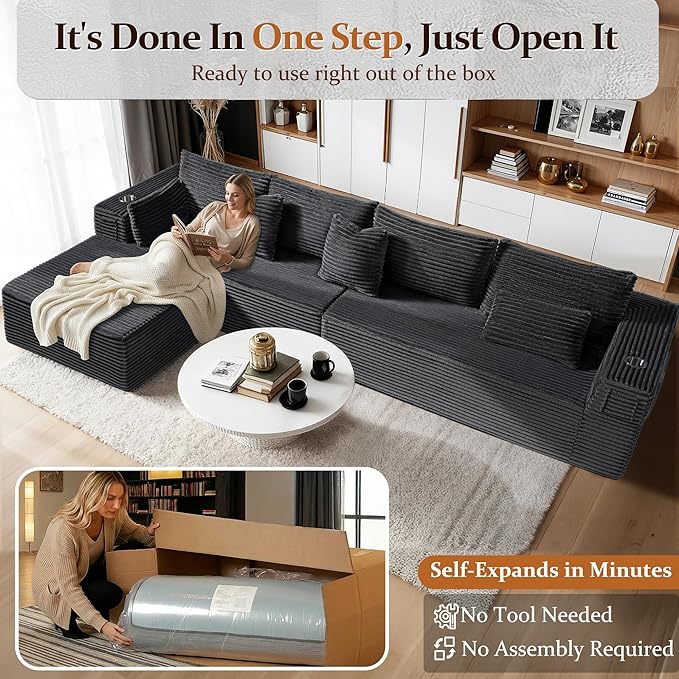 138" Oversized Cloud Sectional Couch, Comfort L Shaped Boneless Couch for Living Room, Extra Deep Seats No Assembly, Minimalist Modular Sofa, Corduroy (Dark Grey, 3 Seater+Right Facing Chaise)