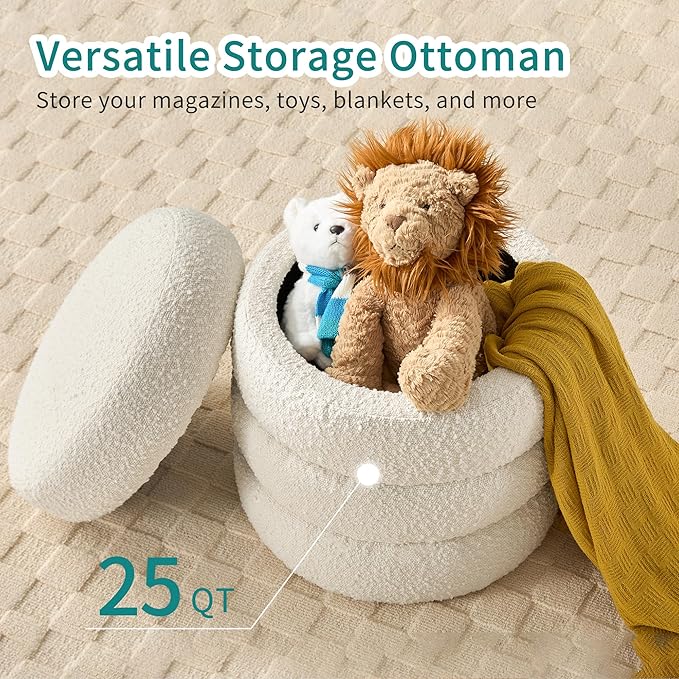 Busaurus Round Ottoman with Storage for Living Room Small Boucle Foot Stool Modern Upholstered Vanity Stool Ottoman Foot Rest for Dorm Corner Home Decor, Set of 1 (White)
