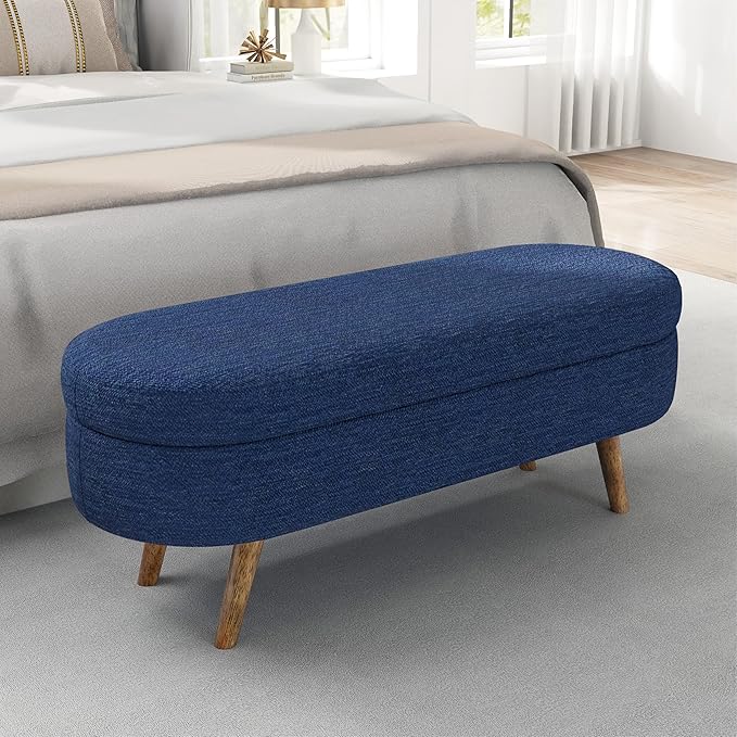 43.5" Ottoman with Storage, Storage Ottoman Bench with Safety Hinge, Foam End of Bed Bench, Upholstered Entryway Bench for Bedroom, Living Room & Window, Holds up to 330 lb, Blue