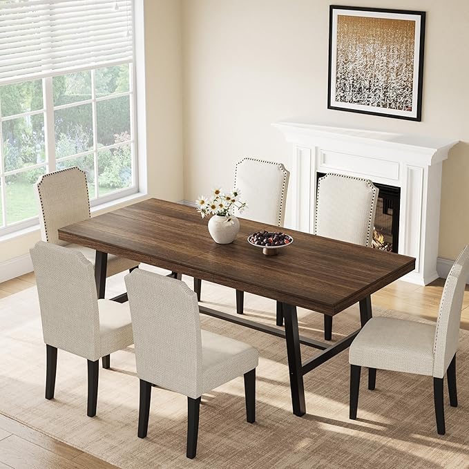GarveeHome Industrial Dining Table for 6-8 People, 78.7" Long Large Kitchen Table with Sturdy Metal Frame, Rectangular Counter for Dinner, Kitchen, Dining Room (Brown, 79" Non-extendable)