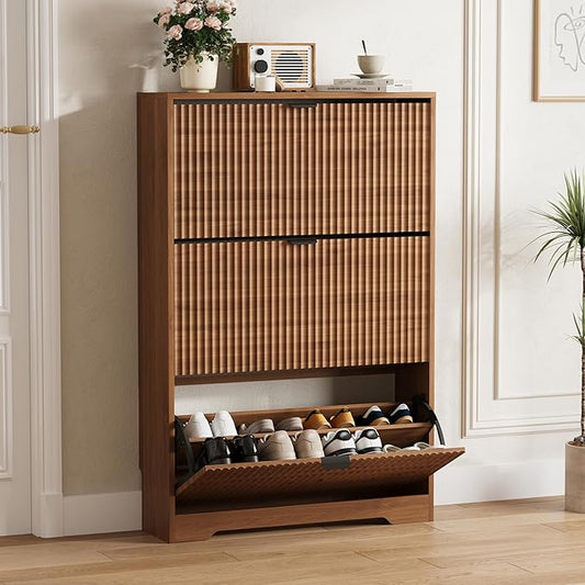 Shoe Cabinet Storage for Entryway with 3 Flip Drawers, Walnut Fluted Shoe Cabinet with Adjustable Shelves, Wooden Hidden Shoe Rack Freestanding Narrow Slim Shoes Storage for Hallway, Entrance