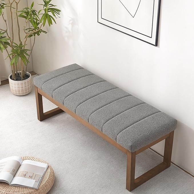 Zihanhome 52.7" Bedroom Bench for End of Bed, Modern Upholstered Teddy Fabric Entryway Bench & Dining Bench, Footrest Stool Bench with Solid Wood Frame for Bedroom, Living Room (Light Grey)