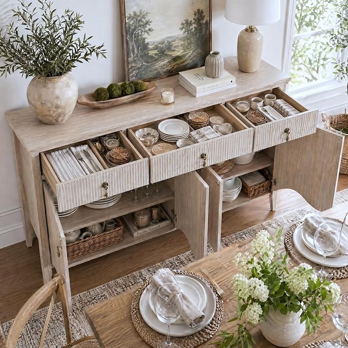 FUSUNBAO 57-Inch Sideboard Buffet Cabinet with 3 Drawers and 4 Doors, Vintage Fluted Sideboard with Scalloped Base, Vintage Storage Cabinet for Dining Room, Organic Modern Accent Cabinet, White Oak