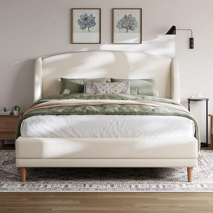 Christopher Knight Home Hazel Queen Size Bed Frame, Upholstered Platform Bed, Soft Boucle Wingback Headboard, Wood Bed Support and Slats, Curved-Shaped Headboard Queen Bed for Adult, 44.50" H White