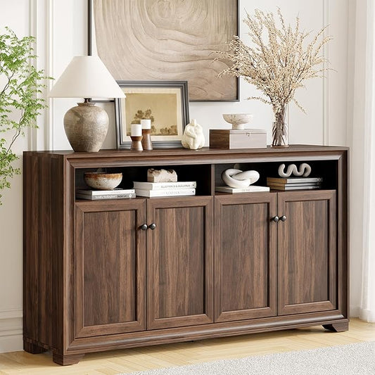 ONBRILL 60 Inches Sideboard Buffet Cabinet with Storage, 4 Doors Large Sideboard, Kitchen Cabinet with Open Shelf & Adjustable Shelf, Kitchen Coffee Bar Console Table for Living Room, Hallway, Brown