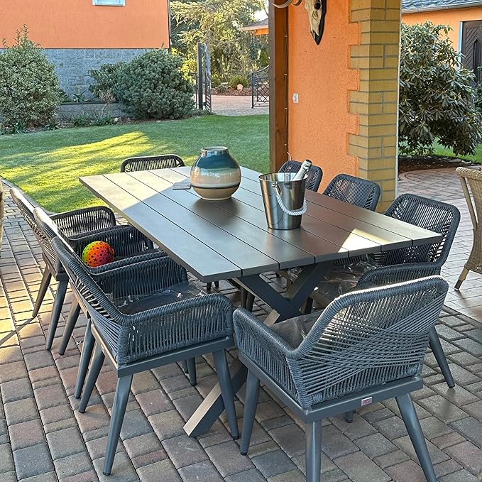 PURPLE LEAF 9 Pieces Outdoor Patio Dining Set All-Weather Aluminum Frame PE Rattan Outdoor Patio Furniture Set Rectangular Table and Chairs Set for 8 People Lawn Garden Backyard Deck, Grey