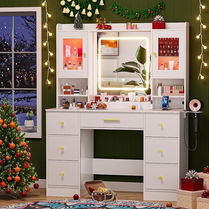 LAKEMID White Makeup Vanity Desk with Mirror and Lights,Make Up Vanity Table with Lighted Mirror 7 Drawers, Modern Vanity with Power Outlet RGB Cabinets,Dressing Table for Bedroom Women Girls