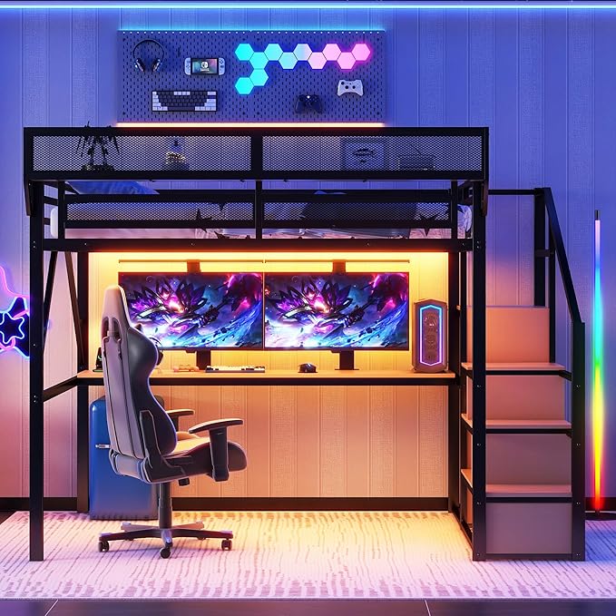 Mirightone Queen Loft Bed with Desk and RGB Light, Metal Loft Bed Frame with Stairs and Bedside Shelf, Heavy-Duty Lofts Beds with Storage Shelves and Wardrobe for Kids Teens, Black