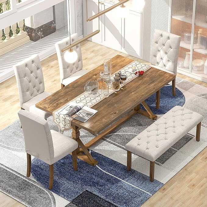 Harper & Bright Designs 6-Piece Farmhouse Dining Table Set 72" Wood Rectangular Table, 4 Upholstered Chairs with Bench (Walnut)