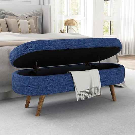 43.5" Ottoman with Storage, Storage Ottoman Bench with Safety Hinge, Foam End of Bed Bench, Upholstered Entryway Bench for Bedroom, Living Room & Window, Holds up to 330 lb, Blue