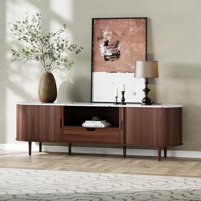 DHH 71" Fluted TV Stand with Power Outlet for TVs up to 80", TV Console with Adjustable Shelves and Sliding Door,Mid Century Modern Entertainment Center for Living Room,Bedroom (Walnut+Marble)