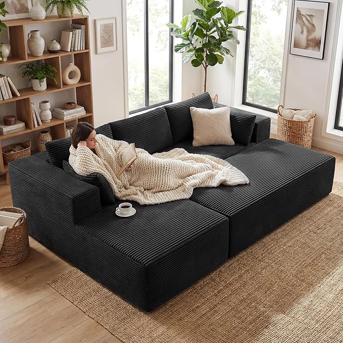 GRUSIGN 106" Oversized Sectional Boneless Sleeper Sofa Bed Couches for Living Room, Modular L Shaped Couch with Left Facing Chaise & Big Ottoman, Compressed Spineless Corduroy Cloud Sofas, Black | Deep Seat