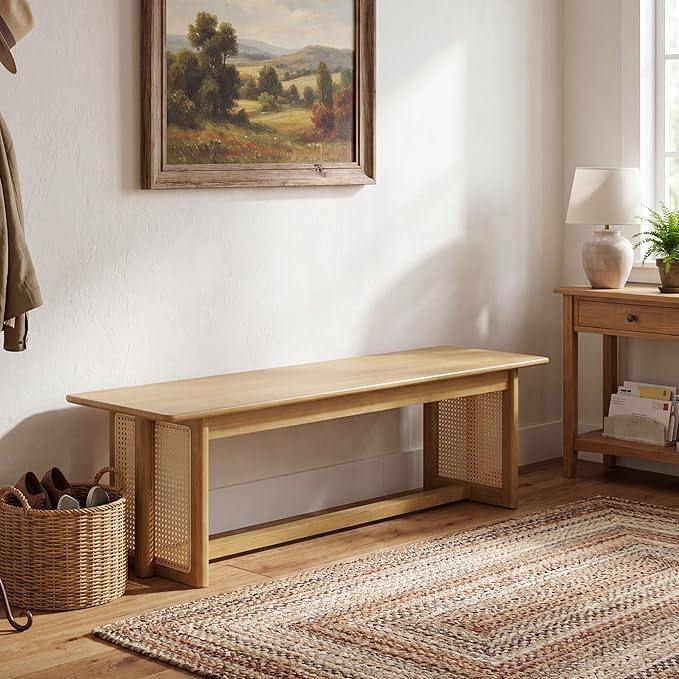 Merax Rustic Wooden Rectangular Kitchen Bench with Rattan Accents Legs, Farmhouse 59.06''L Dinning Bench for Living Room, Kitchen, Dining Room,300 lbs Capacity, Natural