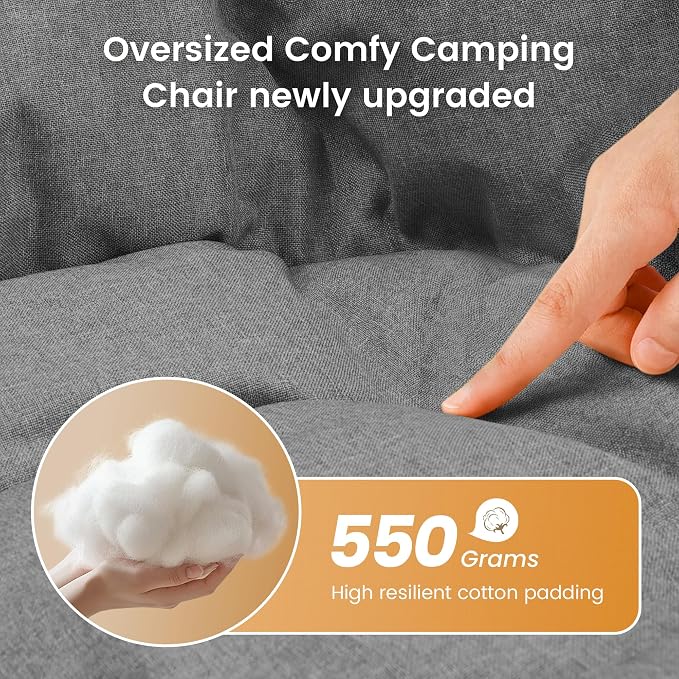 OUTDOOR LIVING SUNTIME Oversized Padded Comfy Camping Chair with Removable Footrest，Weight Capacity 400LBS, Heavy Duty Moon Round Leisure Folding Chair for Camping, Hiking, Carry Bag, Orange
