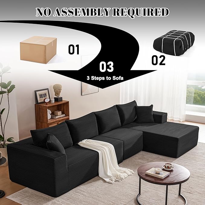 Mangodan 140” Cloud Sectional Couch, Boneless Sofa for Living Room, Modular Sectional Sofa with Deep Seat, Comfy Fluffy L-Shaped Couch with Right-Facing Chaise, No Assembly Required, Black