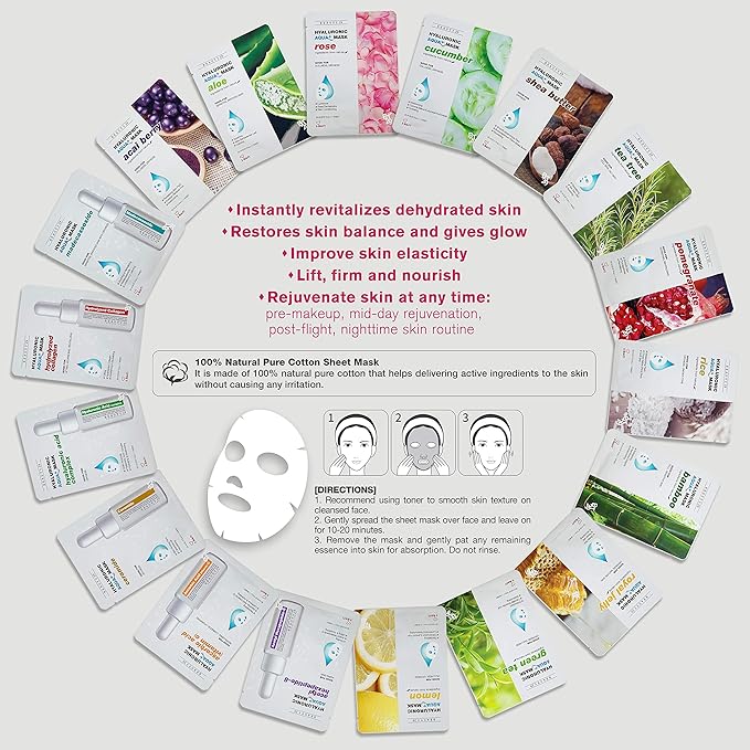 Hyaluronic Aqua Plus Essence Full Face Facial Sheet Mask 14 Sheets - 2 WEEKS SET (ROSE - 14 pack)