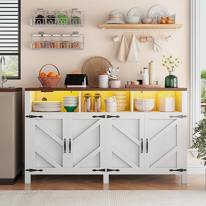 knoworld Buffet Sideboard with Storage with Power Outlets & LED Light 4 Doors, 55'' Large Farmhouse Kitchen Storage Cabinet Wood Coffee Bar Cabinet Buffet Table for Kitchen, Dining Room, Entryway
