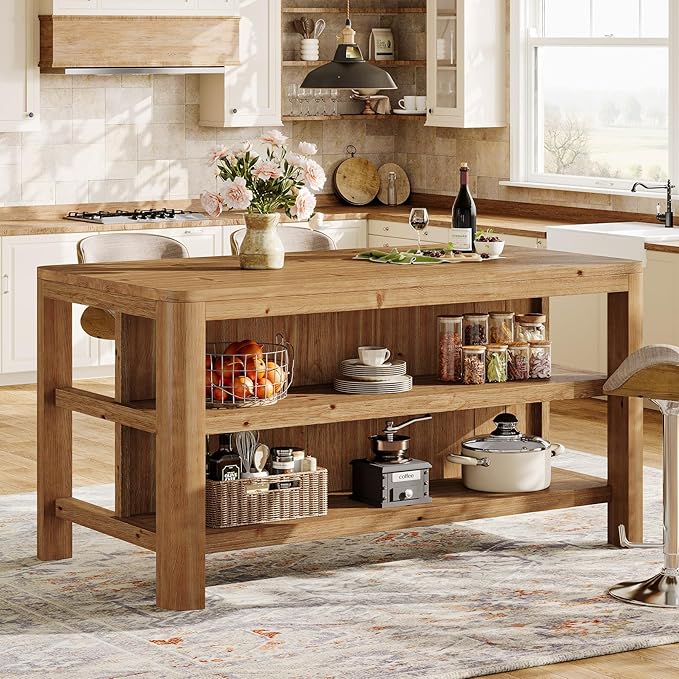 63-Inch Solid Wood Kitchen Island with Storage Shelves, Farmhouse Island Table with Seating, Counter Height Bar Table for Dining Room, Kitchen, Easy to Assemble, Natural Wood