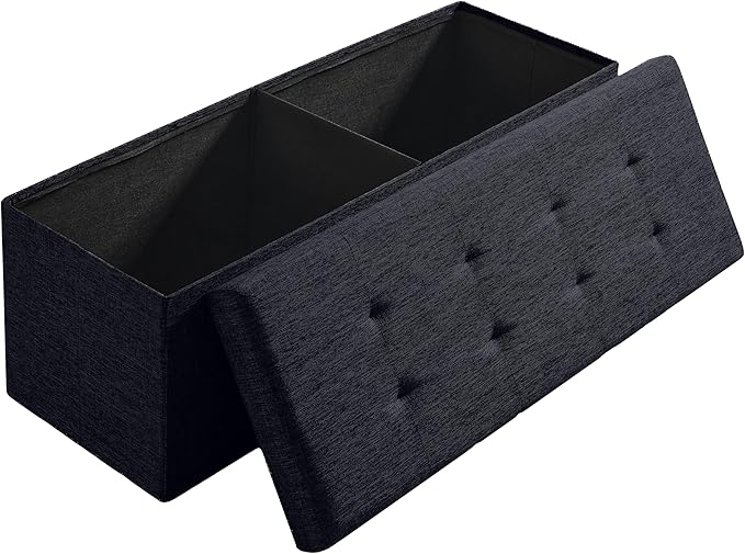 Ornavo Home Folding Storage Ottoman, 43 Inch Extra Large Storage Bench with Lid, Foot Rest Stool for Bedroom, Living Room, Entryway, Tufted Linen Upholstered - Black