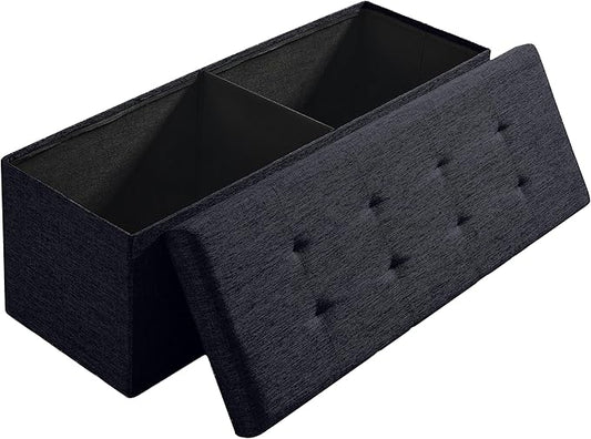 Ornavo Home Folding Storage Ottoman, 43 Inch Extra Large Storage Bench with Lid, Foot Rest Stool for Bedroom, Living Room, Entryway, Tufted Linen Upholstered - Black