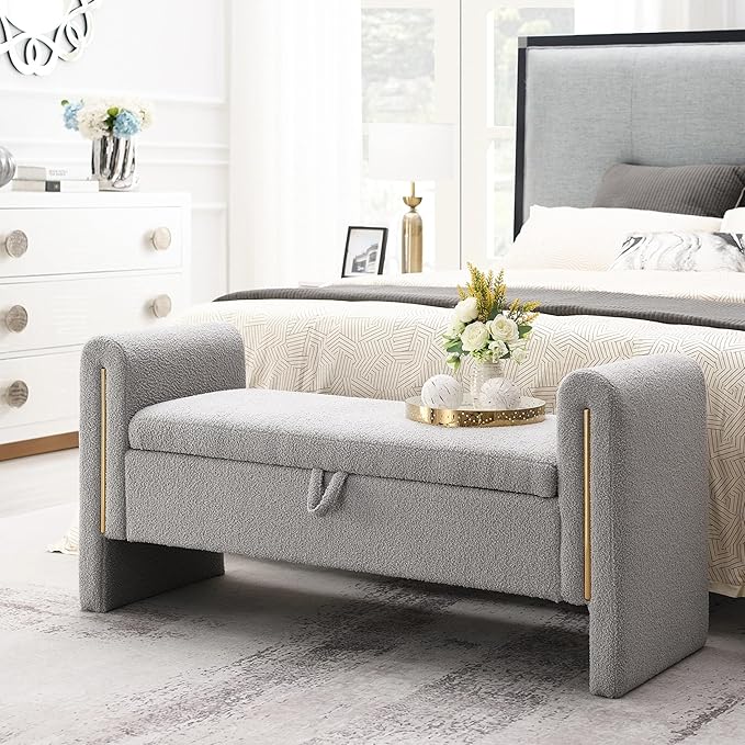 Christopher Knight Home Upholstered Storage Ottoman, Teddy Fabric Bench with Solid Wood Legs, Comfortable Foot Rest Stool, Storage Bench for Bedroom End of Bed, Living Room, Dorm, Dining Room, Gray