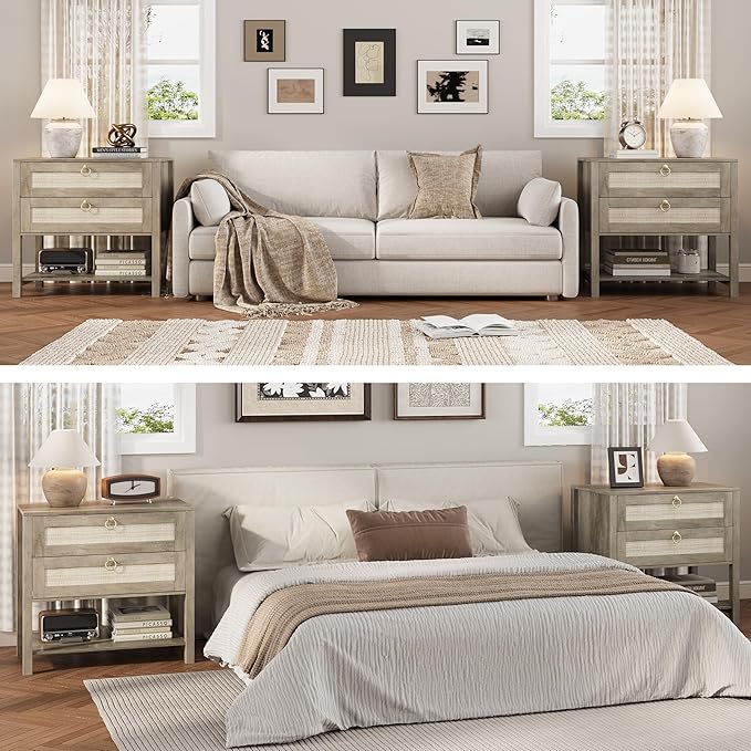 Xixini Nightstand wih 2 Drawers & Open Shelf, 27" Wide Rattan Boho Bedside Table with Brass Knobs, Small Mid Century Modern Night Stand, Wooden End Side Table for Bedroom, Living Room, Closet, Grey