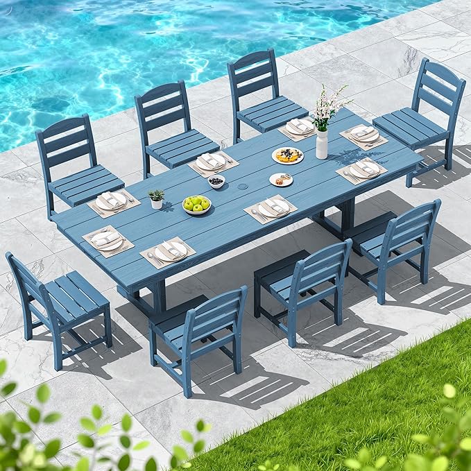 SERWALL Outdoor Armless Dining Chairs Set of 4, All-Weather HDPE Patio Dining Chairs with 19.7" Widened Seat and Curved Backrest for Backyard, Garden, Blue