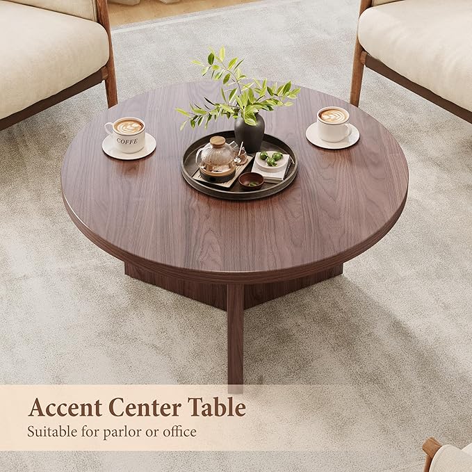 Luoxiao 31.5" Round Coffee Table Mid Century Modern Center Table for Living Room, Minimalist Circle Accent Table for Apartments, Study, Office, Space-Saving, Easy Assembly, Walnut