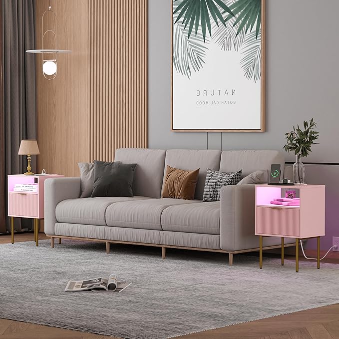 JOONEE Modern Nightstand with Charging Station and LED Lights, White Bedside Table with Drawer, Fluted Side Table for Living Room, Bedroom