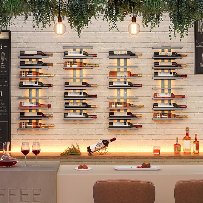 Hoctieon 2-Set 8 Tier Wall Mount Wine Rack (16 Tiers), Wall Racks for Wine Bottles Display and Storage, Hanging Bottle Organizer for Living Room, Dining Room, Wine Cellar, Bar, Grey