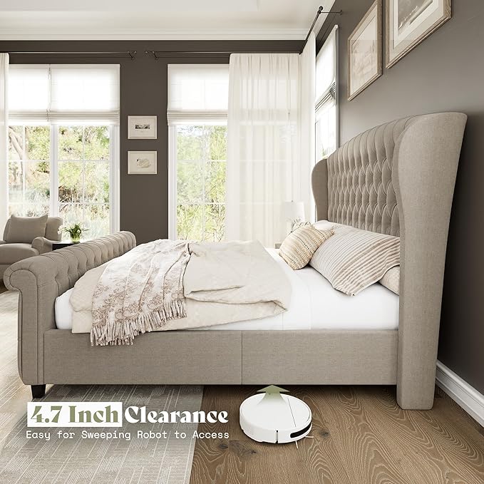 AMERLIFE Queen Size Platform Bed Frame, Linen Upholstered Sleigh Bed with Scroll Wingback Headboard & Footboard/Button Tufted/No Box Spring Required/Khaki