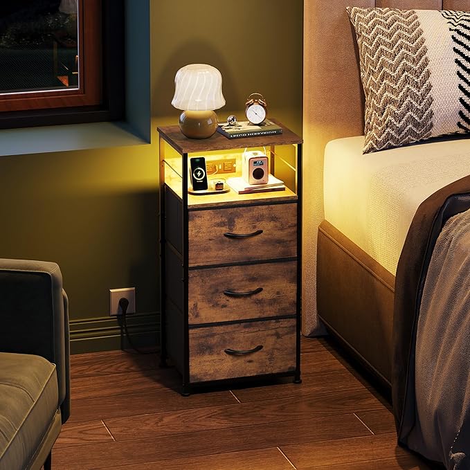 WLIVE Nightstand with Charging Station, 31.9" H Nightstand with 3 Fabric Drawers, LED Bedside Table with USB Ports and Outlets, End Table for Dorm, Bedroom, Entryway, Rustic Brown